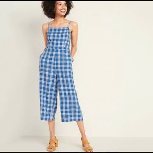 Royal Blue White Plaid Square Neck Romper Jumpsuit